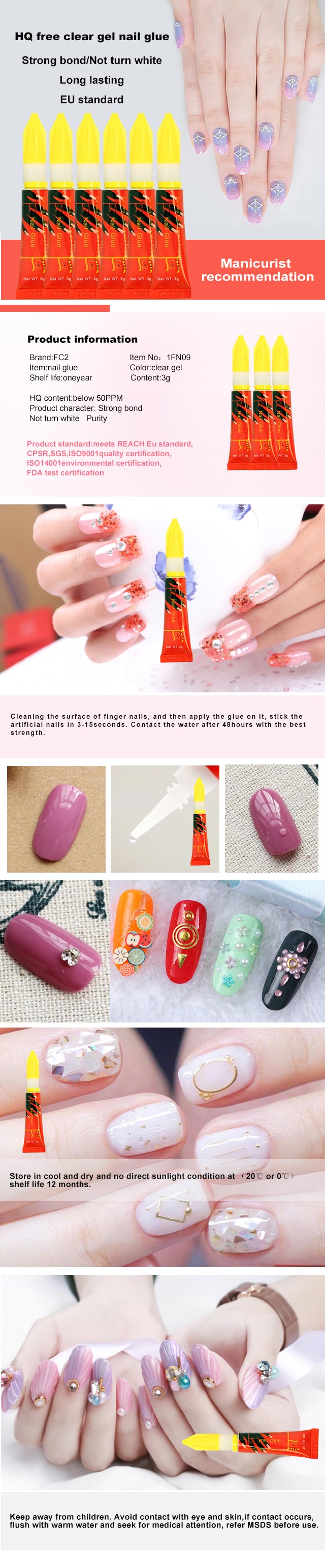 3g HQ free （below 50ppm)clear GEL nail glue